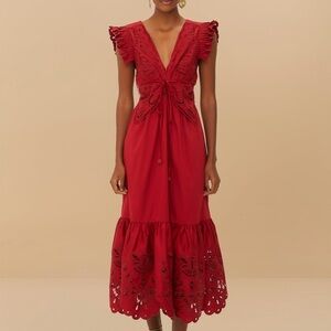 FARM Rio Red Midi Dress with Lace Details